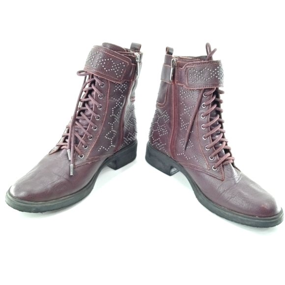 Vince‎ Camuto Combat Boots Tanowie Burgundy Studded - Picture 5 of 8
